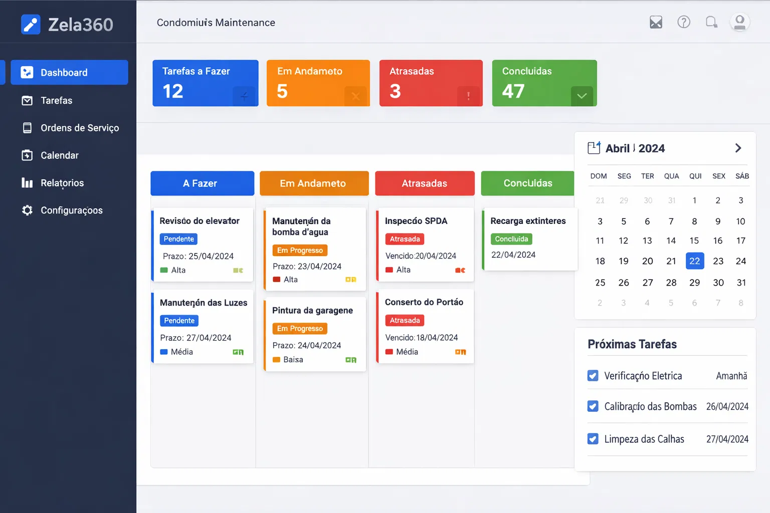 Dashboard Zela360 — controle completo de manutenções